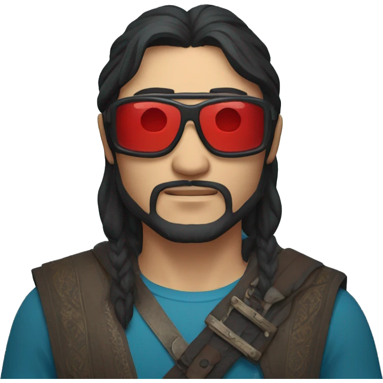 a kazakh man with longer hair in a black bandana, red blue light blocking glasses, a minor beard and a visible sword carried on his back emoji