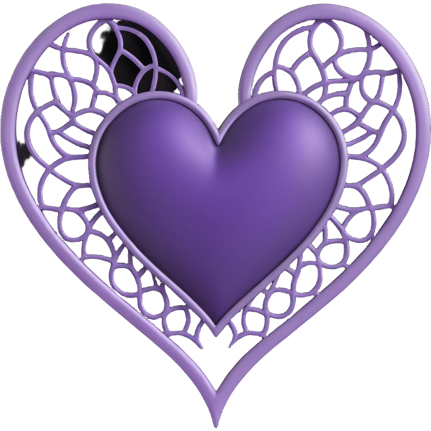 gothic heart, deep purple satin, ornate silver filigree, black lace trim, faint purple glow, with a spiderweb overlay emoji