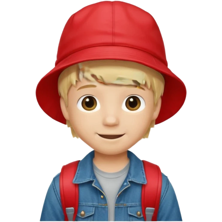 A little boy student, blonde hair, with red bucket hat, jean jacket, backpack emoji