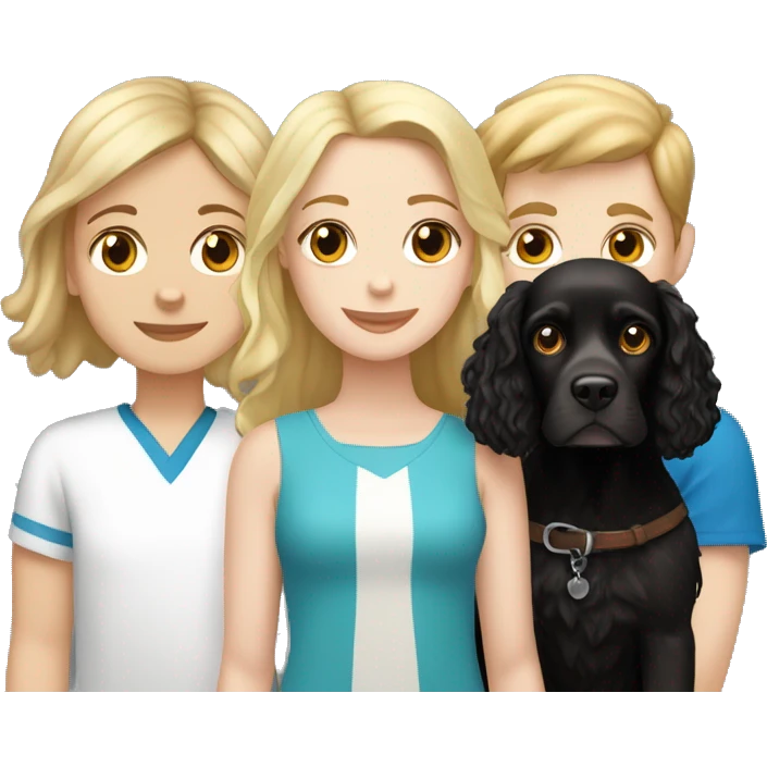brown hair, white girl and Blond hair, white boy holding a black cocker spaniel emoji