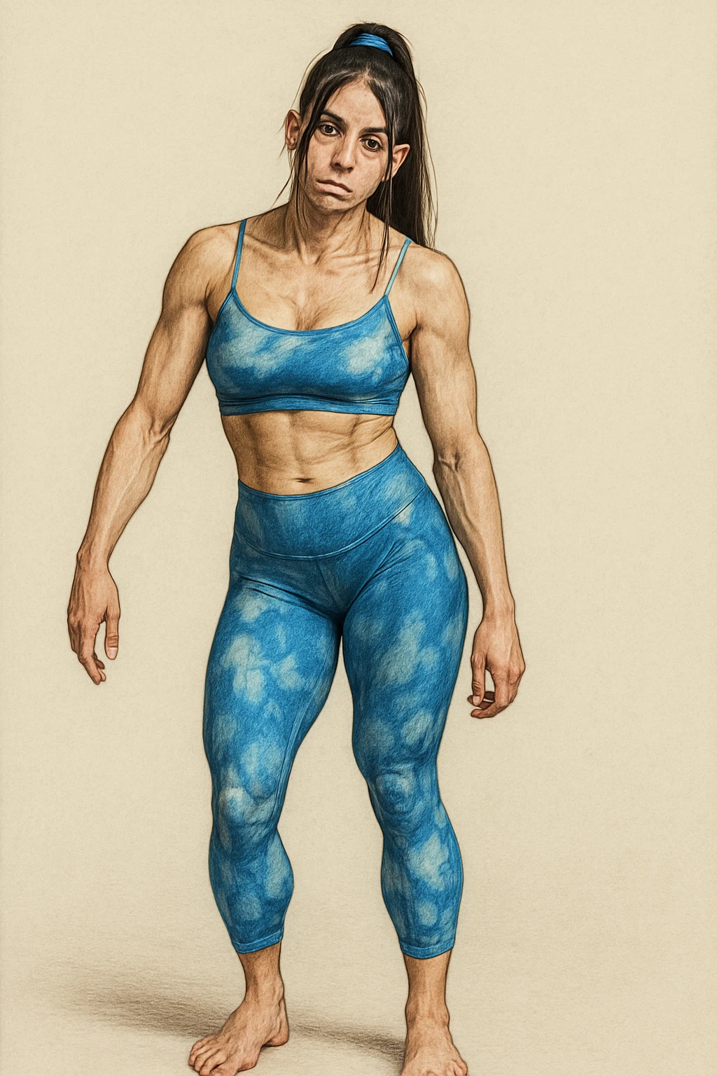 Realistic style illustration of a woman in sportswear with an asymmetric posture showing evident postural problems. The anatomy is clearly visible with muscles and joints emphasized. The background is neutral and the format is vertical, inspired by the reference photo. emoji