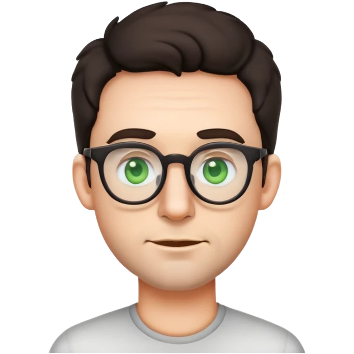 simple male emoji with poofier slightly curly dark hair, big ears, pale skin, glasses, green eyes, light stubble emoji