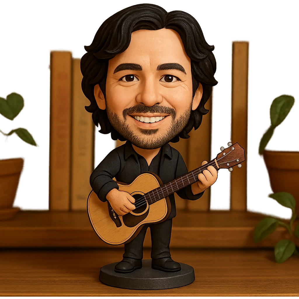 illustration of a musician playing guitar in bobblehead style emoji
