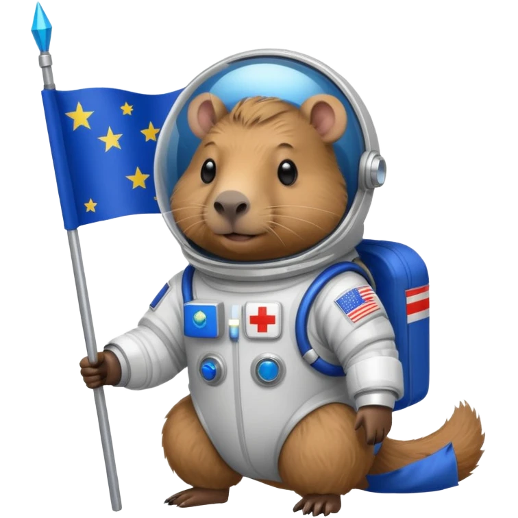 Capypara in space suit, holding blue rectangle flag emoji
