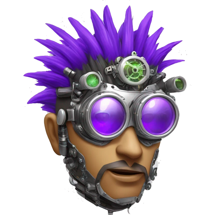 Purple mohawk cyborg head with silver steampunk goggles, goatee and circuits emoji