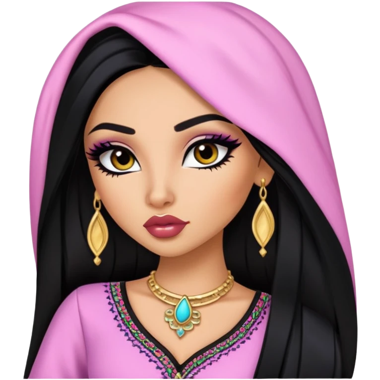 arabian nose, pretty lips, clothes, medium skin,  long black hair, pretty bratz baddie, black eyeliner emoji