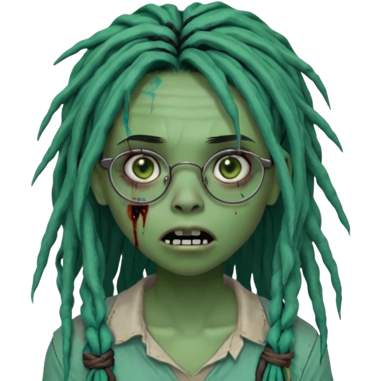 One young female green-skinned, zombie with glasses, with ombre black roots & teal tips long dreadlocks and a side bang of her locs that fall over the left eye and a worried expression like with the mouth open, teeth showing, and the jaw uneven. with a small wound near its mouth. emoji