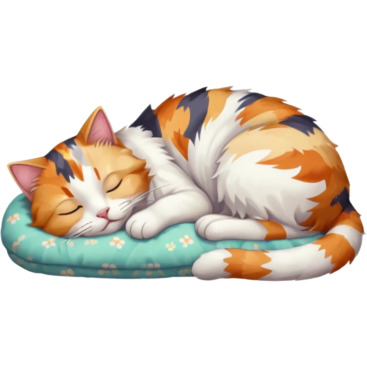 full body colourful light patched calico + white tabby cat sleeping emoji