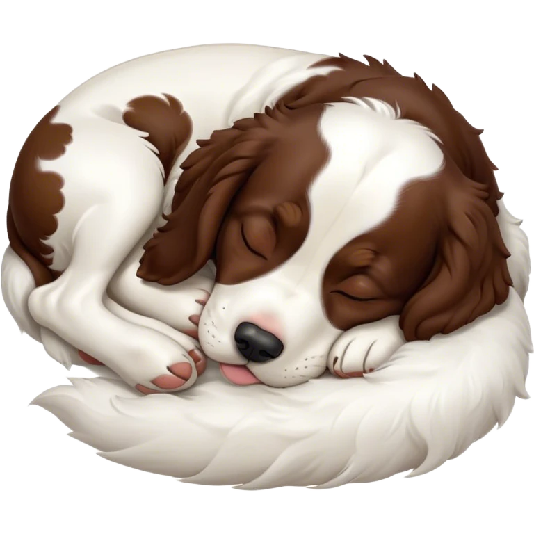 Meme-Worthy Cute Sleeping Springer Spaniel Portrait Emoji, Head resting peacefully with a contented smile, showcasing a delightfully agile build and a luxuriously soft liver and white Fur, eyes shut in a serene nap, Simplified yet hilariously adorable features, highly detailed, glowing with a soft, drowsy light, high shine, relaxed and utterly lovable, stylized with an air of playful laziness, bright and heartwarming, soft glowing outline, capturing the essence of a comically sleepy companion, so meme-worthy it feels like it could instantly become the next viral sensation of adorable slumber! emoji