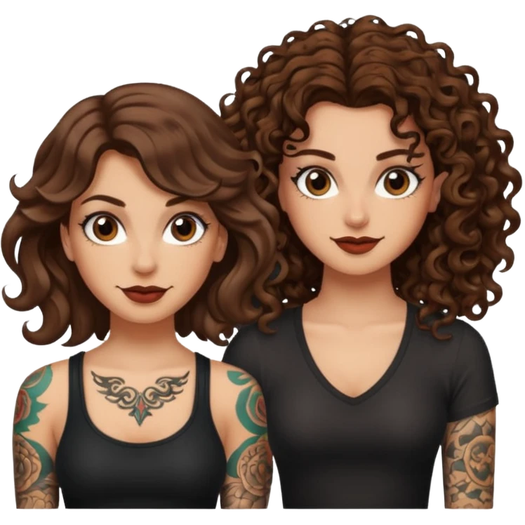 side eye duo — long wavy brown hair tattooed woman and short tight curly brown hair woman — rogue grin emoji