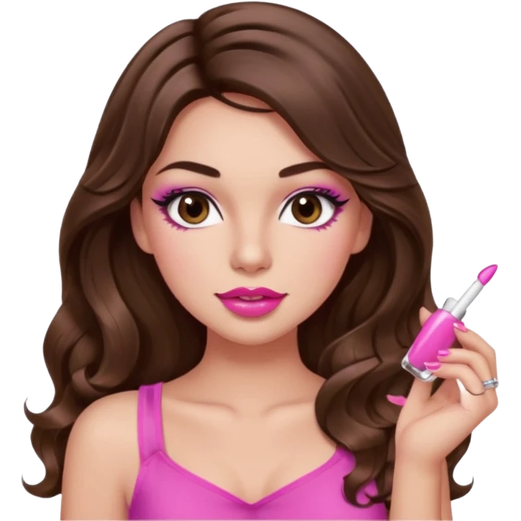 girl with long wavy brown hair, brown eyes, light to medium complexion, in a pink sexy top, pink puckered lips, long lashes, showing a manicure emoji