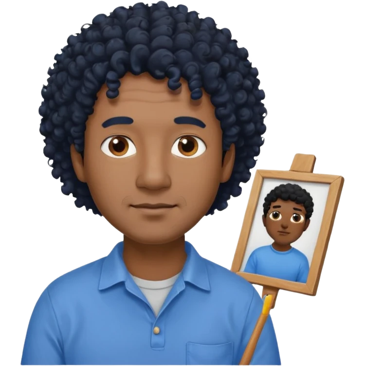 homme 50 ans cheveux frisé noir artiste peintre chemisse bleu emoji