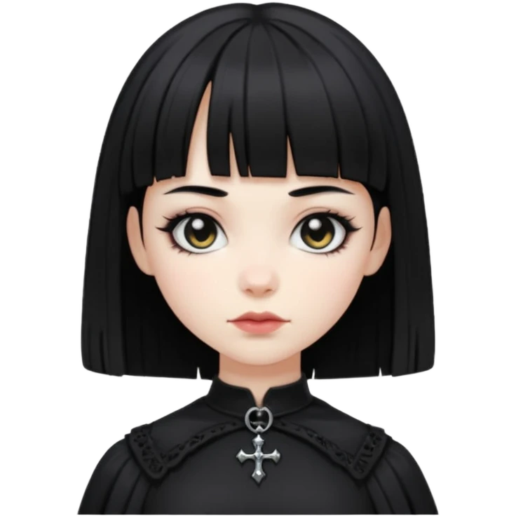 generate an image of a girl with black hair, caucasian and wearing gothic black clothes. Her bangs is short emoji