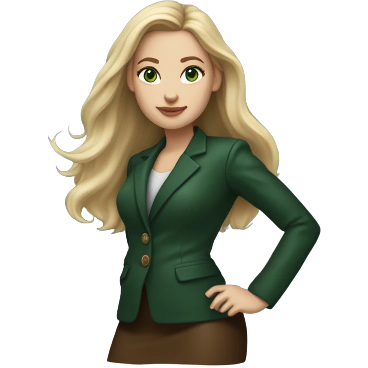 Realistic White woman with Long straight blonde hair and green eyes, dark green Wool oversize blazer, mini skirt and Brown heeled leather boots  emoji