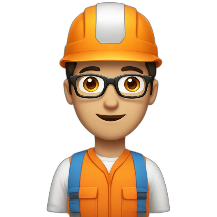 a dark-haired guy with square glasses, in an orange repairman's uniform, blue eyes, emoji