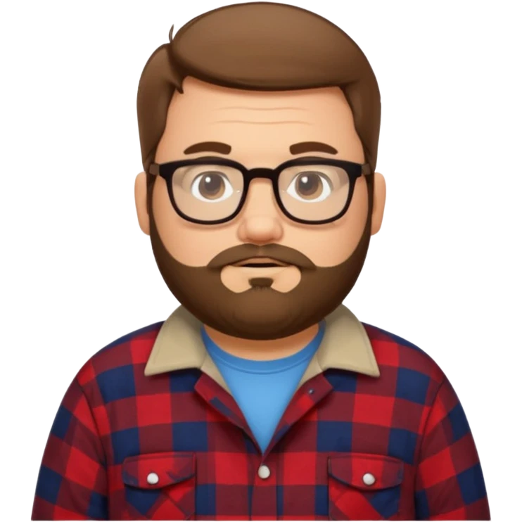 Fat white guy with glasses and short brown hair and beard wearing a cartoon flannel  emoji