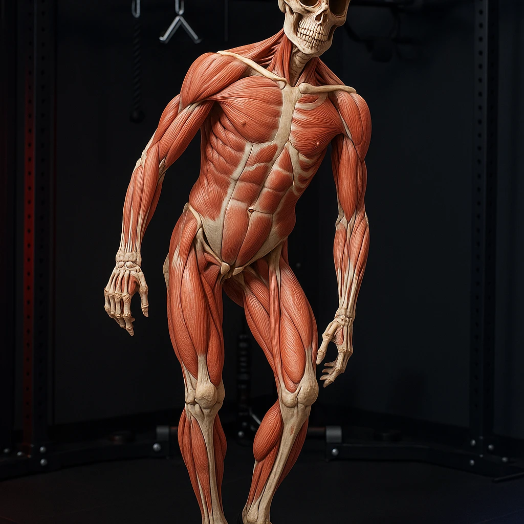 Hyperrealistic anatomical view of the same pose: tilted pelvis, valgus knee, pronated foot, with detailed visible bones and muscles, gym environment, 4K quality. Variant 7: view slightly rotated by 45 degrees. emoji