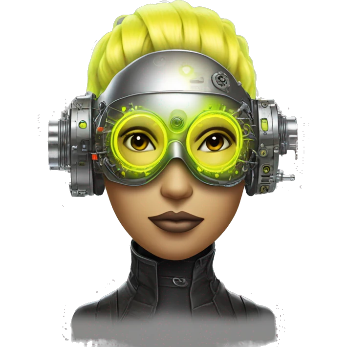 Neon yellow bobbed hair Latina female cyborg head with silver steampunk goggles and circuits emoji