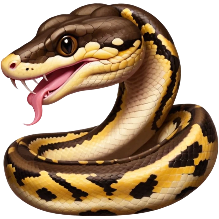A photo-realistic digital illustration of a Ball Python, large headshot portrait. The snake has a short, rounded snout, smooth contours, and a wide, slow yawn exposing its soft pink mouth. Its head is warm brown with bold, irregular dark markings, including the signature “alien-head” pattern. emoji