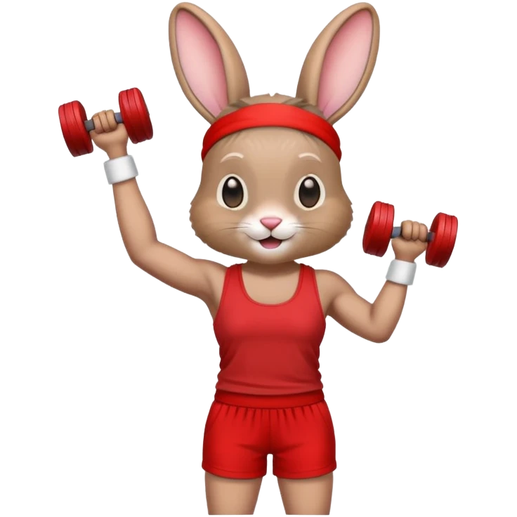 I want an emoji of a rabbit lifting dumbbells, with the dumbbells being red. I want the rabbit to have a red headband, red shorts, and a red tank top. emoji