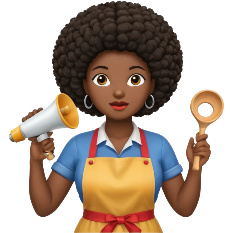 Mujer curvy afro, con vestimenta cómoda y delantal, y un megáfono en la mano emoji