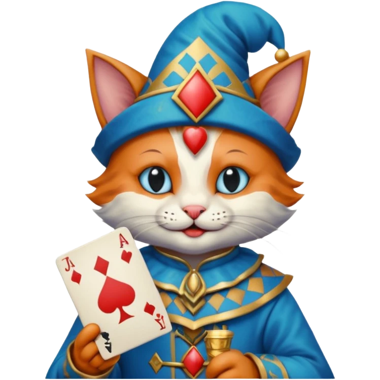 crazy colorful cute little cat jolly joker from poker, medieval, vintage, court jester, mac os icon, blue color, holds poker cards emoji