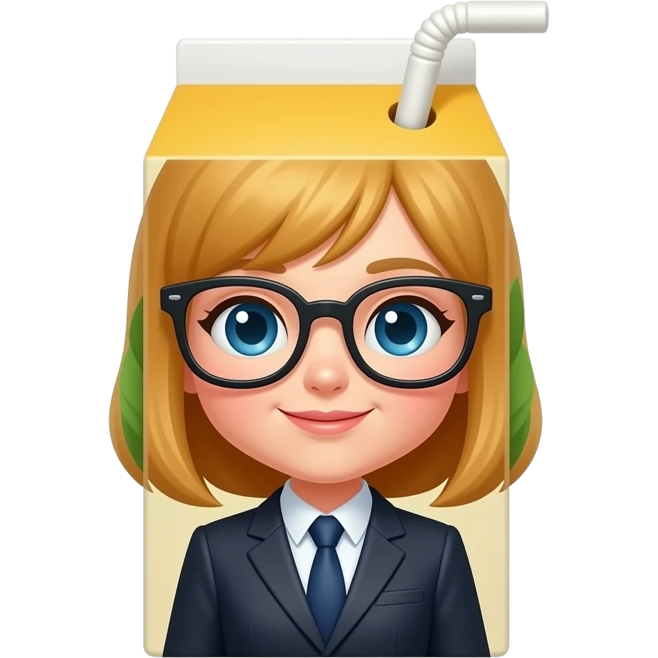 Cute female juice box with eyeglasses, wearing a business suit emoji