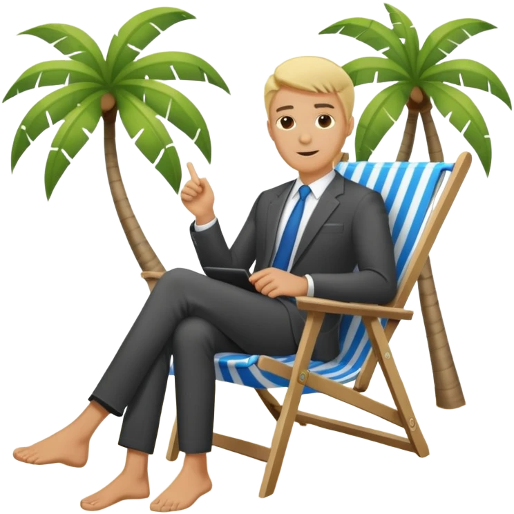 blonde man in business suit sitting in a beach chair on a tropical beach, vacation emoji