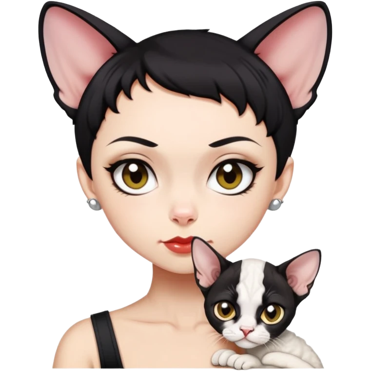 Short black hair bad girl holding a white Devon Rex emoji