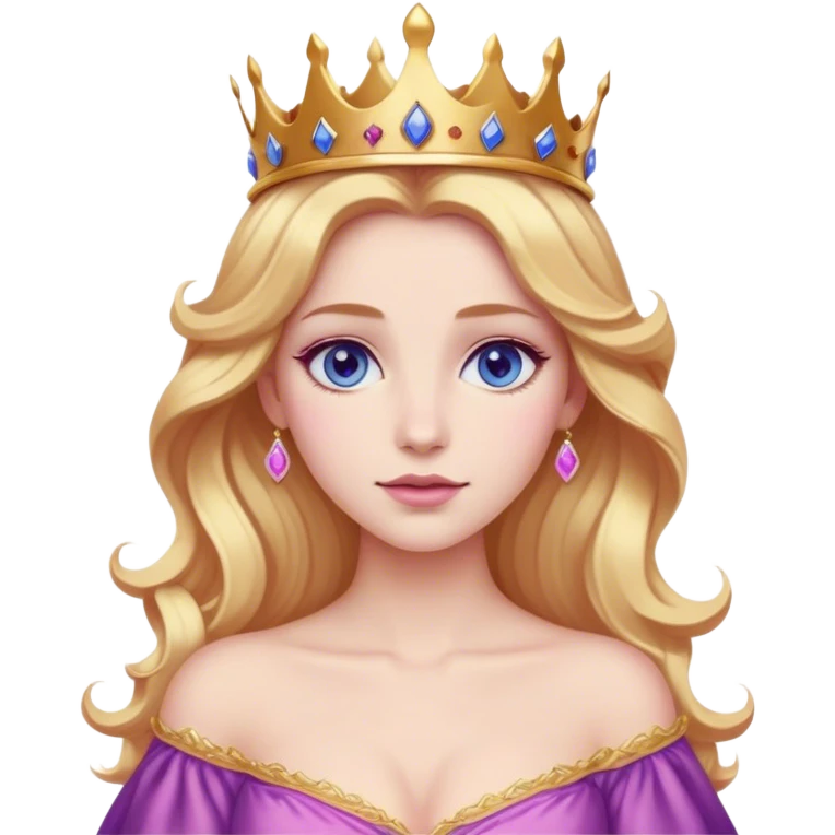 Cinematic Realistic Sleeping Beauty (Aurora) Portrait, with porcelain-like skin featuring a natural rosy flush, illuminated by soft lighting that highlights the gentle contours of her face. Her golden blonde hair flows in soft, detailed waves with subtle highlights that shimmer in the light. Her deep violet-blue eyes radiate warmth and innocence, framed by arched brows and long lashes. Her serene expression exudes quiet elegance. She is dressed in her classic pink gown, the fabric rich in texture with delicate folds that catch the light. A golden crown rests atop her head, gleaming with royal refinement. The portrait captures a soft, glowing aura, blending realism with an ethereal sense of beauty and timeless enchantment. emoji