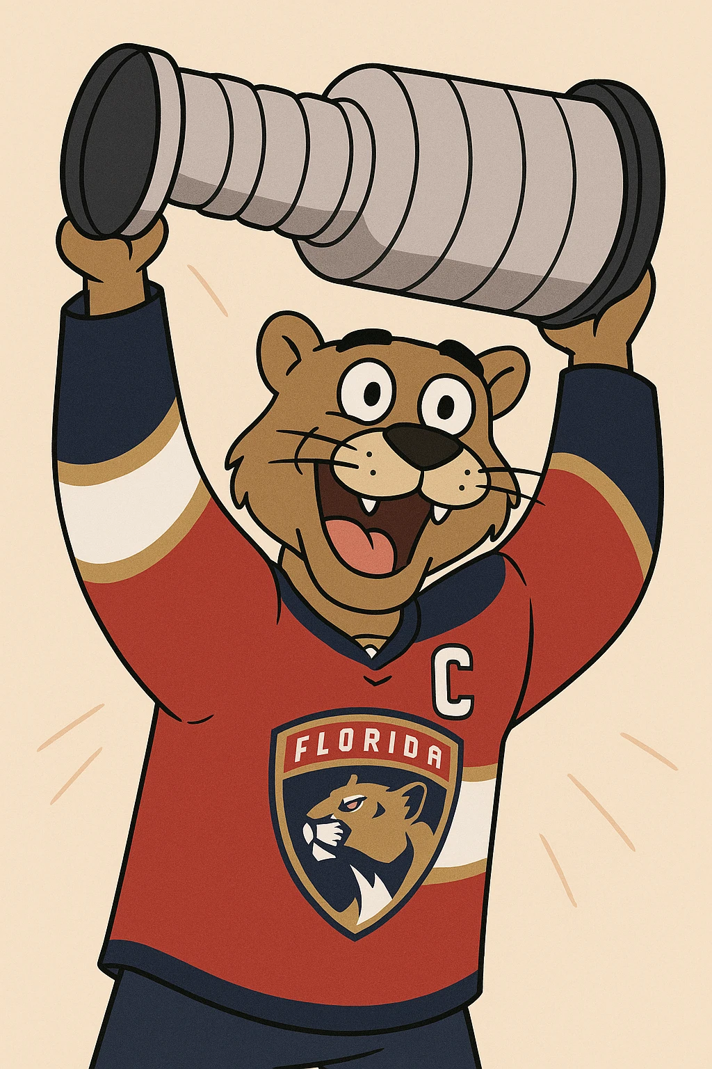 Florida Panthers hockey team mascot celebrating with the Stanley Cup, cartoon style emoji
