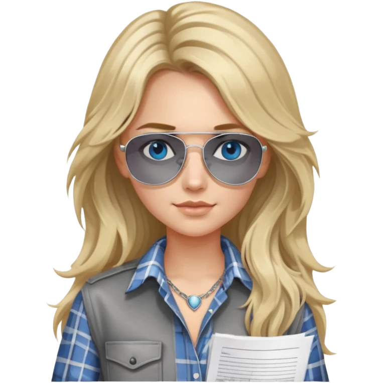 girl with long blond messy hair wearing grey plaid shirt with blue eyes and aviator sunglasses wearing a ring on her silver necklace, holding lawyer papers emoji