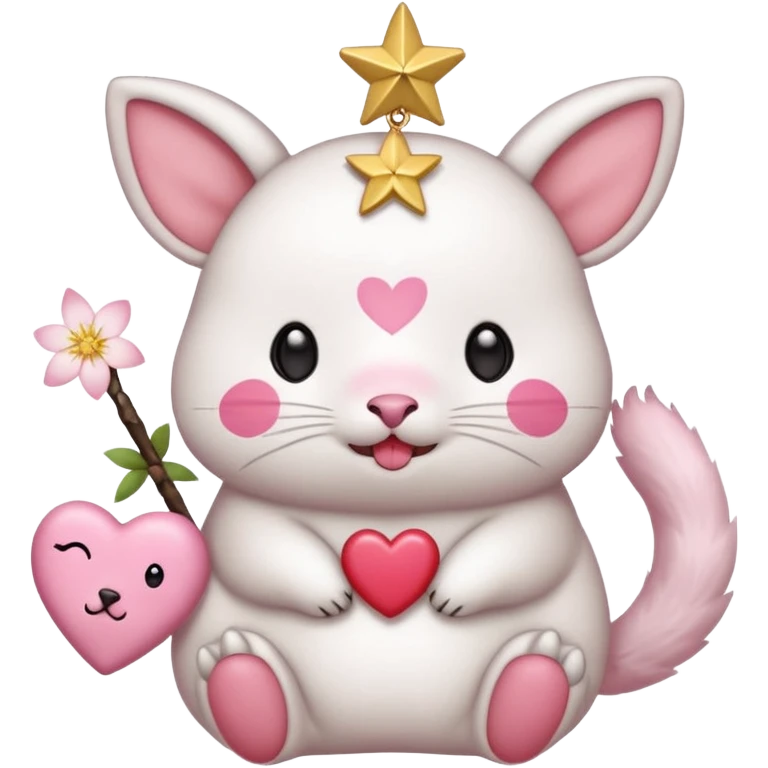 GENERATE ME A MOMONGA WHITE ANIMAL  FROM CHIIKAWA AND PUT A SAKURA FLOWER ON HIS HEAD AND A STAR PELT ON HIS BELLY AND A HEART PURSE ON HIS ARM WITH HIS FACE MAKE HIS TOUNGE STICK OUT WITH A LITTLEPINCH OFDROOL emoji