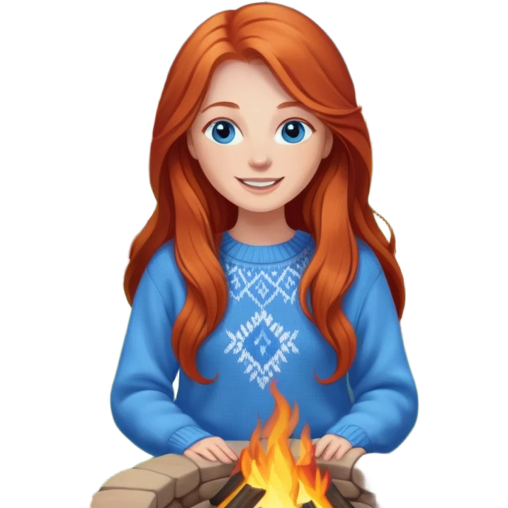 Very Happy redhead with long hair and blue eyes beside fire pit in backyard emoji