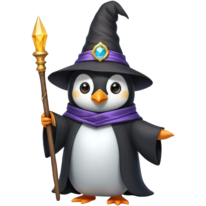 Penguin dressed as a wizard with a magic wand and wizard hat emoji