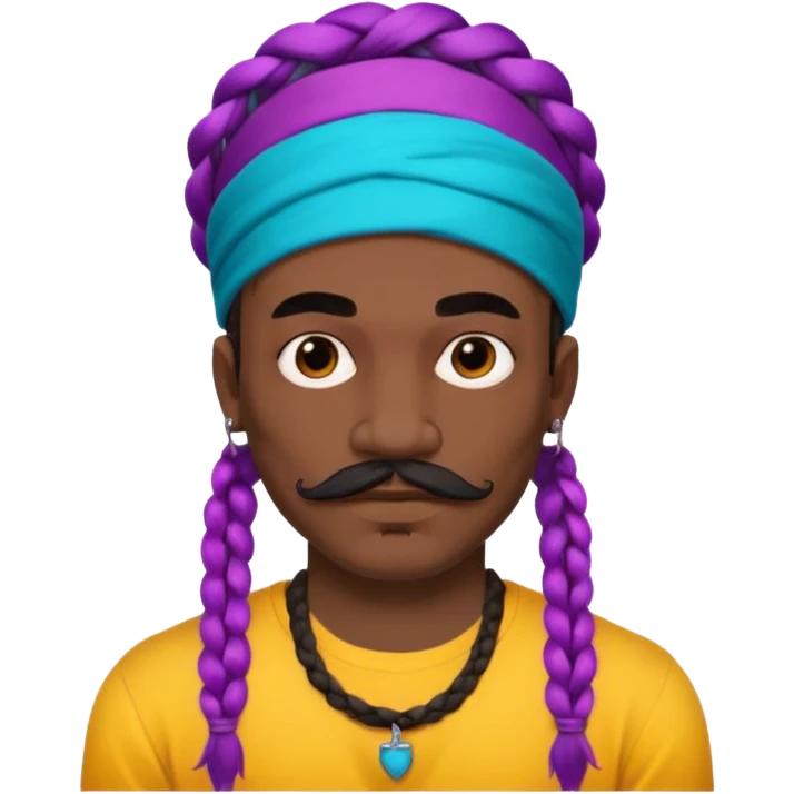 big lose braids starting from the top of the head man with mustache face wiith big visible braids and mono color headband on head  face and braids as big as headband and lots and lots of face tattoos colored tattoos like a tattoo artist hair unique color emoji