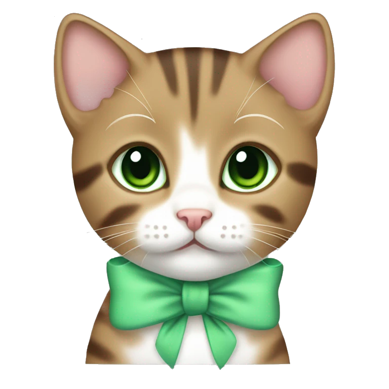 kawaii brown tabby kitten with green eyes and pastel green bow on ear emoji