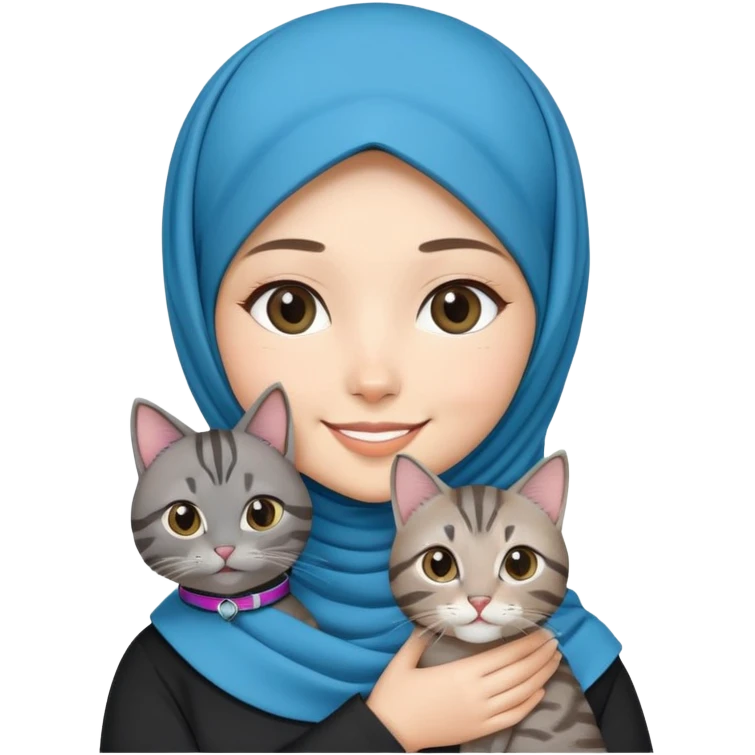 Asian White girl wearing hijab holding a black grey tabby cat while smiling.  The cat is wearing a blue collar emoji