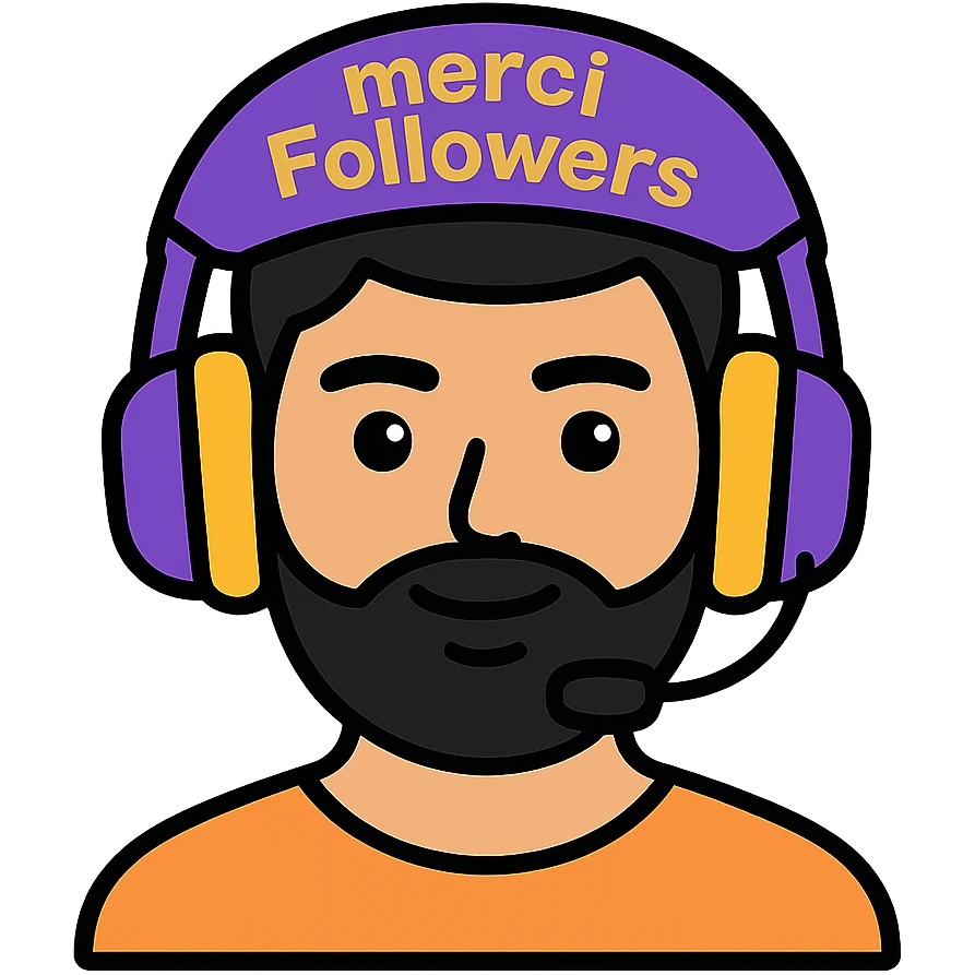 A person with black hair, brown eyes, black beard wearing a gaming headset "merci Followers" emoji