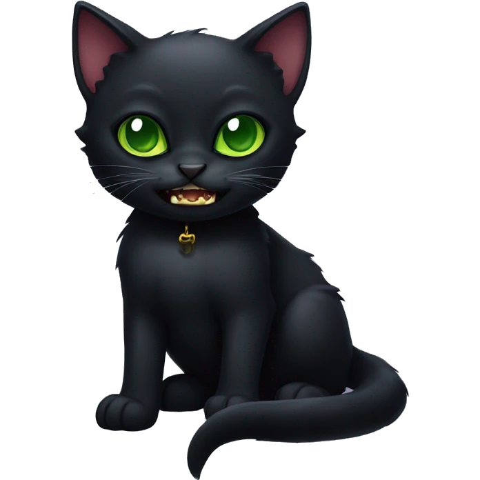 Black kitten with big green eyes and vampire-like fangs  emoji