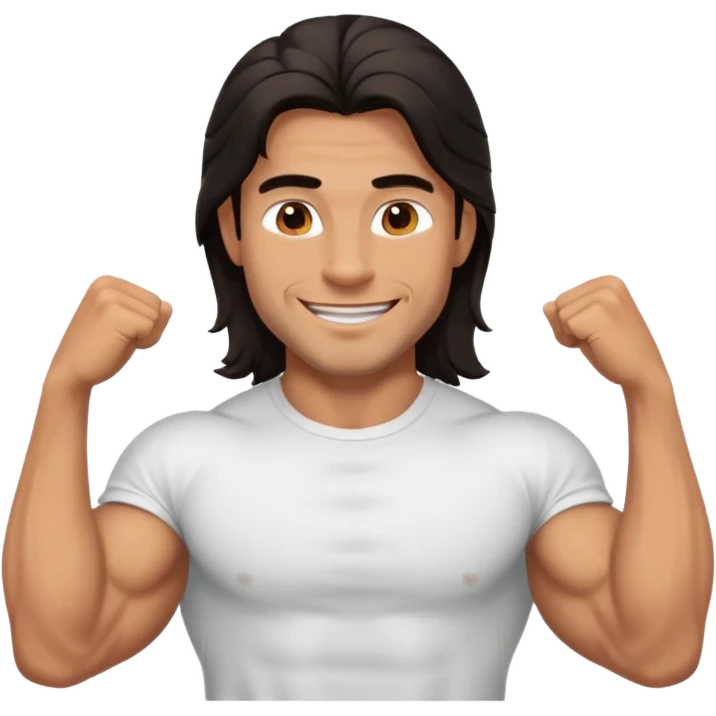 muscled happy guy, long dark hair, t-shirt emoji