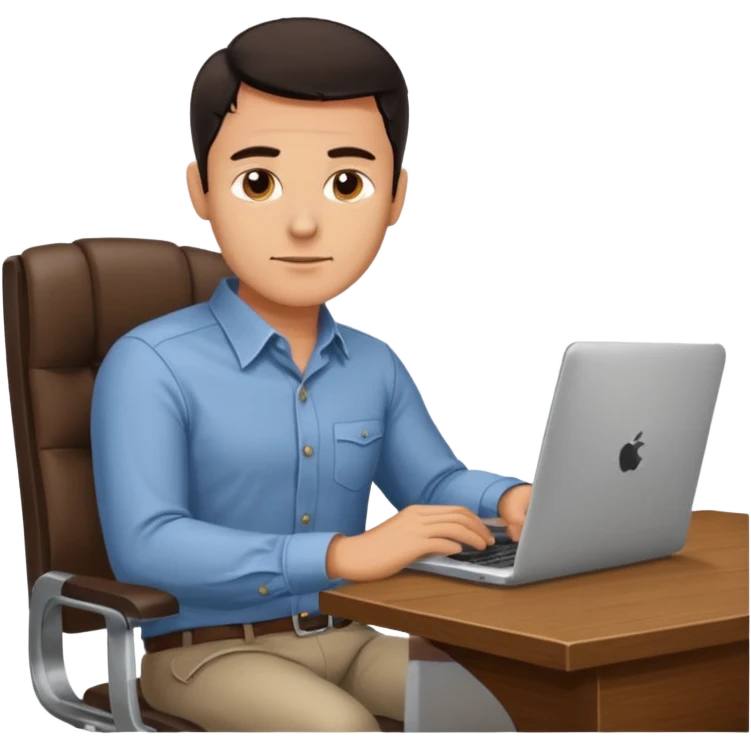 Rich man working on a chair at office in shirt, dark hair, and near the desk with laptop he is german very beautiful looks like, full body view emoji
