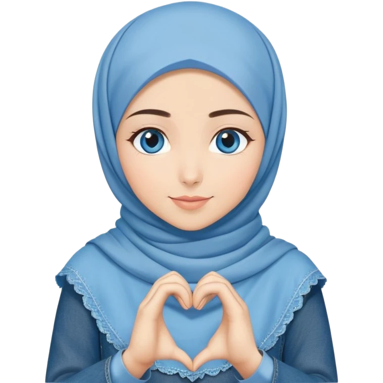 Turkish beautiful finish Konya girl blue eyes with denim hijab islamic dress and making heart with hands and with thank you text emoji