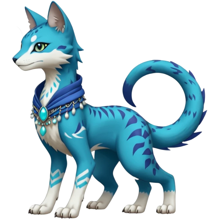 Kawaii cute Indigo Turquoise Grey beautiful pretty elegant divine edgy feline-vernid-sergal-Fakémon-Pokémon-Digimon-fursona-animal-creature, full body, with intricate detailed markings, silken shawl, decorative anklets emoji