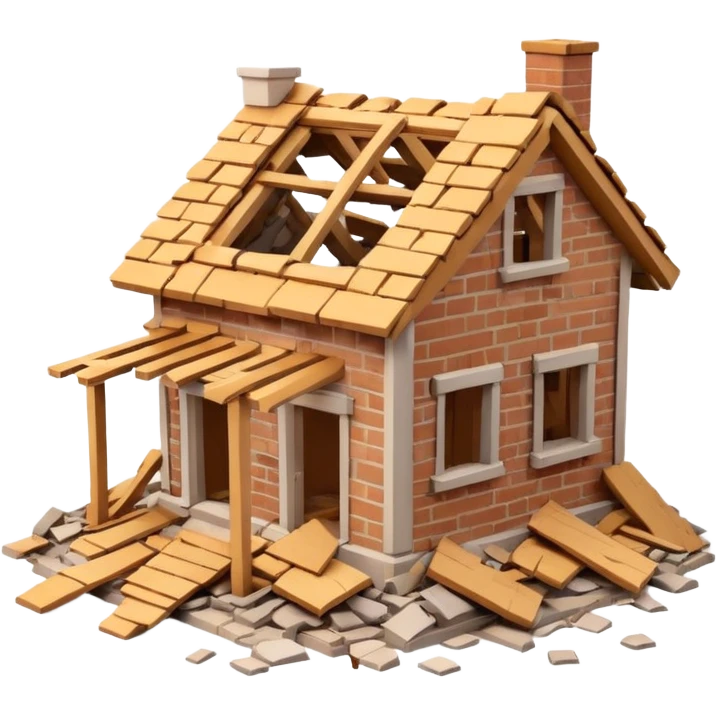 3D iPhone style emoji of a completely destroyed house, heavily damaged, collapsed into rubble, broken walls and roof scattered into debris, isolated on white background, soft shadows, high detail, playful and cute. emoji
