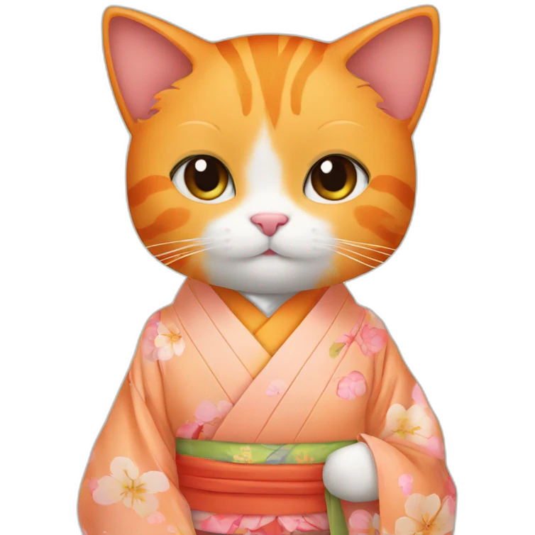 Beautiful orange cat wearing kimono and holding peach emoji