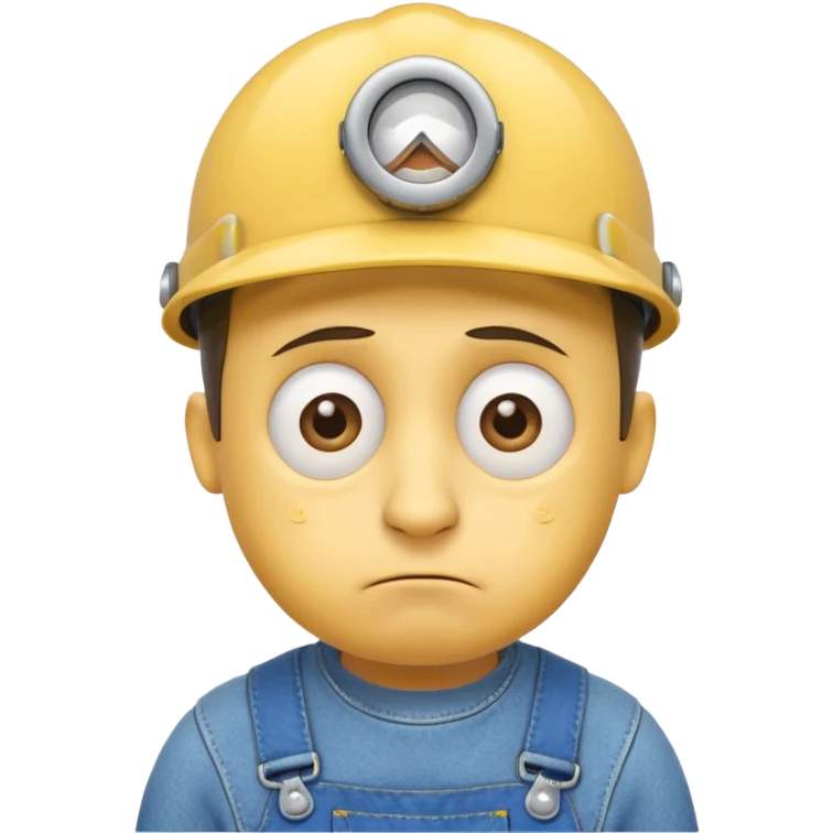 close up of a sad Minion face, cartoon emoji style, expressive eyes, yellow skin, blue overalls, single tear, simple background emoji