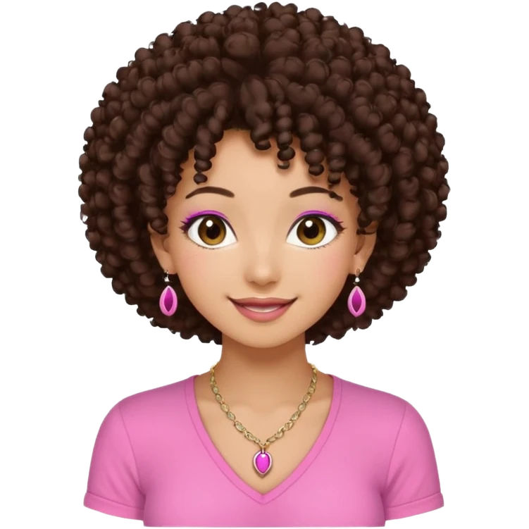 Naturally tan skin girl short darkBrown curly afropink shirt long lashes earrings necklace Brown eyes gyaru smiling closed mouth cute emoji