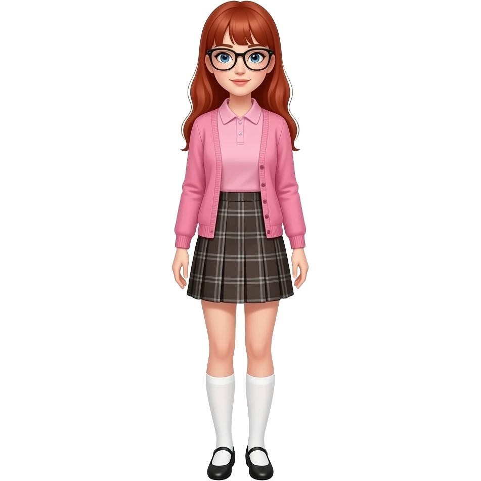 a woman with fair skin, long red hair, straight bangs, blue eyes, wearing black glasses, a light pink polo shirt under a pink slim cardigan, a dark brown low-rise knee-length a-line skirt with gray tartan lines and white knee-high socks over black ballet flats emoji
