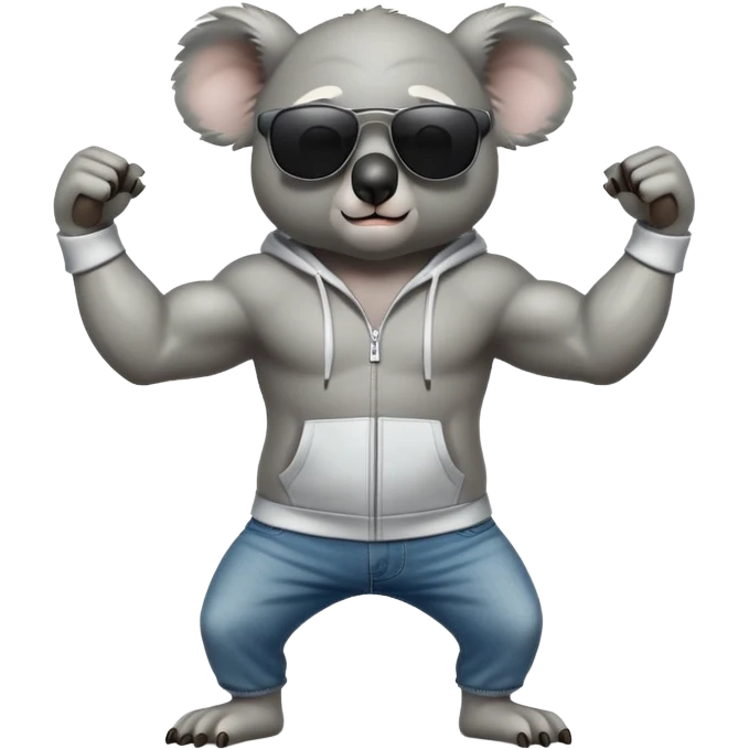 anthropomorphised koala, full body, wearing a hoodie and jeans, dark sunglasses, flexing muscles emoji